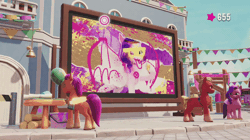 Size: 720x404 | Tagged: safe, derpibooru import, pipp petals, sprout cloverleaf, sunny starscout, alicorn, earth pony, pegasus, pony, my little pony: a new generation, animated, artificial horn, artificial wings, augmented, balloon, billboard, female, fixing, g5, game screencap, gameplay, gif, horn, image, magic, magic horn, magic wings, male, mare, maretime bay, my little pony: a maretime bay adventure, paint can, party balloon, race swap, spread wings, stallion, sunnycorn, vandalism, wings, youtube link