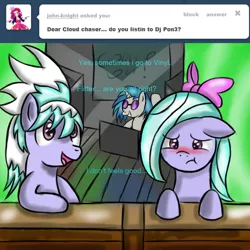 Size: 900x900 | Tagged: safe, artist:freefraq, derpibooru import, cloudchaser, flitter, vinyl scratch, pony, ask, ask-flitter, blushing, female, image, jpeg, scrunchy face, trio, tumblr