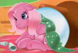 Size: 3500x2383 | Tagged: safe, artist:carlo loraso, derpibooru import, pinkie pie (g3), earth pony, pony, blanket, book:pony party, clothes, costume, female, g3, image, mare, png, sad, scan, solo, wet, wet mane