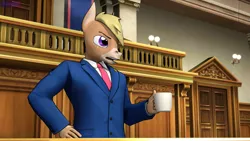 Size: 3840x2160 | Tagged: safe, artist:antonsfms, derpibooru import, oc, oc:nickyequeen, unofficial characters only, anthro, donkey, 3d, ace attorney, alternate universe, anthro oc, badge, banner, clothes, commission, commissioner:nickyequeen, court, courtroom, crossover, cup, desk, donkey oc, drinking, formal attire, formal wear, high res, image, image set, male, necktie, open mouth, phoenix wright, png, solo, source filmmaker, suit