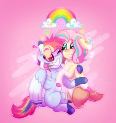 Size: 668x711 | Tagged: safe, artist:moonlightdisney5, derpibooru import, fluttershy, rainbow dash, deer, deer pony, original species, pegasus, pony, blushing, chest fluff, colored hooves, cute, cutie mark, dashabetes, dtiys, female, floppy ears, flutterdash, freckles, heart, height difference, holding a pony, hug, image, lesbian, looking at each other, looking at someone, mare, png, redesign, shipping, shyabetes, sitting, smiling, tallershy, wings
