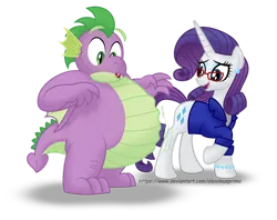 Size: 1280x1015 | Tagged: safe, artist:aleximusprime, derpibooru import, rarity, spike, dragon, pony, unicorn, bhm, fat, fat spike, female, glasses, image, male, mare, png, shipping, simple background, sparity, stomach growl, stomach noise, straight, transparent background