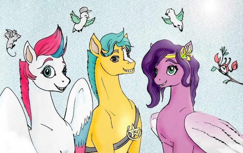 Size: 1024x644 | Tagged: safe, artist:tielgar, derpibooru import, hitch trailblazer, pipp petals, zipp storm, bird, crab, earth pony, pegasus, pony, rat, seagull, critter magnet, critters, female, g5, grin, image, jpeg, looking at you, male, mare, smiling, stallion, teeth, winged rat