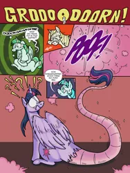 Size: 774x1032 | Tagged: safe, artist:princebluemoon3, artist:ultimatum323, derpibooru import, twilight sparkle, twilight sparkle (alicorn), alicorn, draconequus, pony, comic, draconequified, exclamation point, image, interrobang, png, poof, question mark, species swap, speech bubble, stomach noise, transformation, twikonequus