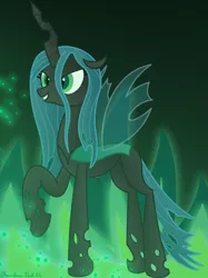 Size: 3016x4032 | Tagged: safe, artist:rainbowšpekgs, derpibooru import, queen chrysalis, changeling, changeling queen, canterlot wedding 10th anniversary, evil, female, fire, green eyes, green fire, grin, image, png, pose, raised hoof, smiling, solo, standing