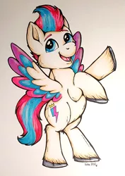 Size: 1061x1500 | Tagged: safe, artist:fishiewishes, derpibooru import, zipp storm, pegasus, pony, bipedal, female, g5, image, mare, marker drawing, open mouth, open smile, photo, png, simple background, smiling, solo, spread wings, traditional art, white background, wings