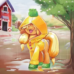 Size: 4000x4000 | Tagged: safe, artist:confetticakez, derpibooru import, applejack, earth pony, frog, pony, absurd resolution, barn, blank flank, boots, bottomless, clothes, cottagecore, cute, female, filly, filly applejack, foal, hair over eyes, image, jackabetes, mare, missing cutie mark, on head, open mouth, partial nudity, png, puddle, rain, raincoat, shoes, silly, silly pony, solo, tree, wellington boots, wet, wet mane, who's a silly pony, younger