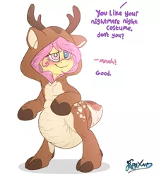 Size: 2609x2861 | Tagged: suggestive, alternate version, artist:fluffyxai, derpibooru import, fluttershy, starlight glimmer, deer, bipedal, blushing, clothes, costume, deerified, diaper, diaper fetish, drool, fetish, hypnosis, hypnotized, image, kigurumi, nightmare night, offscreen character, outfit, png, simple background, solo, species swap, speech, swirly eyes, talking, text, white background