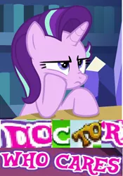 Size: 892x1274 | Tagged: safe, derpibooru import, editor:horsesplease, starlight glimmer, caption, doctor who, expand dong, exploitable meme, image, image macro, meme, png, text, time travel glimmer, unimpressed, upset, who cares