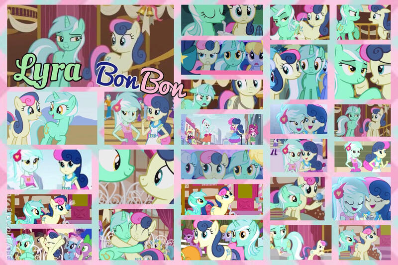 Size: 1800x1200 | Tagged: safe, artist:princessemerald7, derpibooru import, bon bon, cheerilee, derpy hooves, lyra heartstrings, sweetie drops, earth pony, pony, unicorn, equestria girls, life is a runway, magic duel, rainbow rocks, season 2, season 3, season 5, slice of life (episode), the super speedy cider squeezy 6000, collage, female, hug, image, jpeg, lesbian, lyrabon, shipping