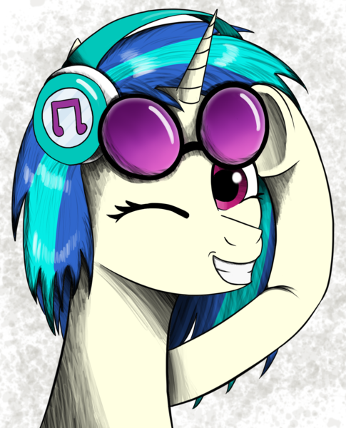 Size: 1524x1884 | Tagged: safe, artist:enteryourponyname, derpibooru import, vinyl scratch, pony, unicorn, glasses, headphones, image, looking at you, one eye closed, png, simple background, smiling, smiling at you, solo, wink