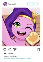 Size: 2200x3132 | Tagged: safe, artist:maren, derpibooru import, pipp petals, pegasus, pony, adorapipp, bread, cute, female, food, g5, honey, honey toast, image, instagram, mare, one eye closed, open mouth, png, solo, toast, wink