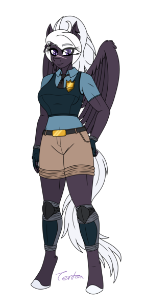 Size: 1800x3800 | Tagged: safe, artist:tertonda, derpibooru import, oc, oc:cinder bolt, unofficial characters only, anthro, pegasus, pony, unguligrade anthro, badge, clothes, commission, digital art, female, fingerless gloves, gift art, gloves, horn, image, knee pads, mare, necktie, pegasus oc, png, police badge, police officer, police uniform, scar, shorts, simple background, smiling, solo, tail, transparent background, vest, wings