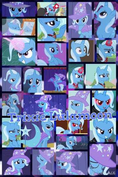 Size: 1200x1800 | Tagged: safe, artist:princessemerald7, derpibooru import, trixie, pony, unicorn, boast busters, magic duel, season 1, season 3, alicorn amulet, cape, clothes, collage, female, hat, image, jpeg, mare, trixie's cape, trixie's hat