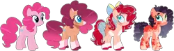 Size: 1446x423 | Tagged: safe, artist:edgeyboiss, artist:peep-dis, artist:selenaede, derpibooru import, pinkie pie, earth pony, pony, alternate hairstyle, art evolution, base used, bow, comparison, female, hair bow, image, mare, markings, png, redesign, simple background, solo, transparent background, unshorn fetlocks
