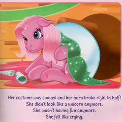 Size: 3276x3224 | Tagged: safe, artist:carlo loraso, derpibooru import, official, pinkie pie, pinkie pie (g3), book, book:pony party, broken, clothes, context is for the weak, cosplay, costume, g3, horn, image, jpeg, pony party, sad, table, wet, wet mane