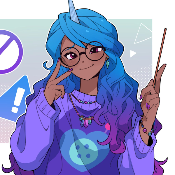 Size: 1024x1024 | Tagged: safe, artist:dcon, color edit, derpibooru import, edit, editor:diameltzowo, izzy moonbow, human, my little pony: a new generation, clothes, colored, cute, dark skin, female, freckles, friendship bracelet, g5, glasses, horn, horned humanization, humanized, image, izzybetes, jewelry, nails, png, skin color edit, solo, solo female, sweater, wand