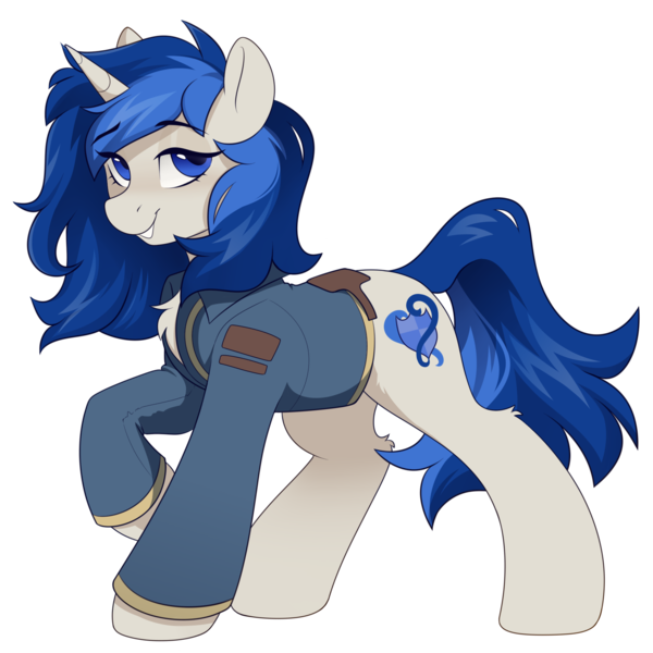 Size: 2000x2000 | Tagged: safe, artist:crimmharmony, derpibooru import, oc, oc:eden, oc:eden (across the divide), unofficial characters only, pony, unicorn, fallout equestria, chest fluff, clothes, commission, fallout equestria: across the divide, female, image, jumpsuit, mare, png, raised hoof, simple background, solo, transparent background, vault suit