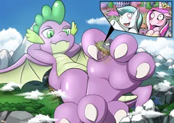 Size: 1280x905 | Tagged: safe, artist:rai-kun, derpibooru import, editor:starponys87, princess cadance, spike, alicorn, dragon, pony, between toes, city, cool, crowd, crystal empire, feet, foot focus, gentle, giant dragon, image, jpeg, macro, male, male feet, mega, mountain, paws, perspective, playful, princess, relaxing, resting, smiling, toes, wings