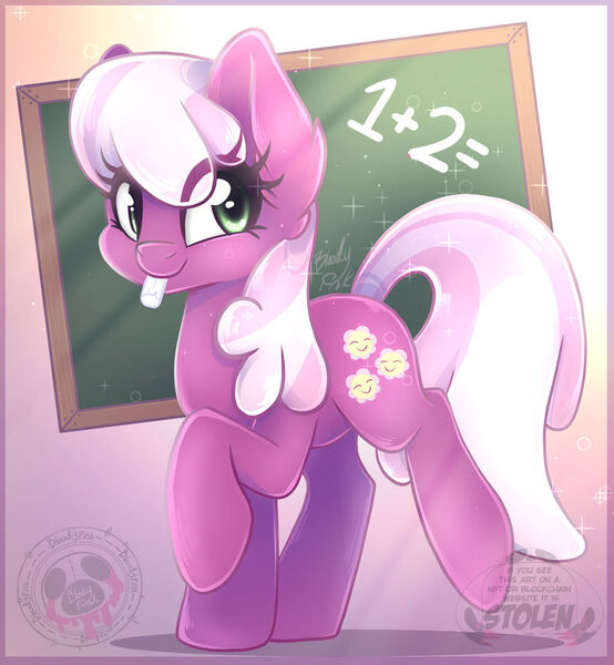 Size: 1024x1109 | Tagged: safe, artist:bloody-pink, derpibooru import, cheerilee, earth pony, pony, chalk, chalkboard, cheeribetes, cute, ear fluff, eye clipping through hair, female, hooves, image, jpeg, mare, math, mouth hold, raised hoof, shadow, smiling, solo, tail, watermark