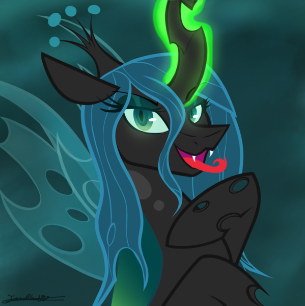 Size: 2764x2769 | Tagged: safe, artist:janeblood969, derpibooru import, queen chrysalis, changeling, changeling queen, canterlot wedding 10th anniversary, crown, eyelashes, eyeshadow, fangs, female, glow, glowing eyes, glowing horn, horn, image, insect wings, jewelry, looking at you, makeup, png, regalia, simple background, smiling, smiling at you, smirk, tongue out, wings