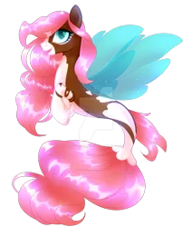 Size: 1920x2268 | Tagged: safe, artist:cupidauctions, derpibooru import, oc, unofficial characters only, seapony (g4), adoptable, clothes, dorsal fin, fin wings, fins, fish tail, flowing mane, flowing tail, green eyes, image, looking at you, open mouth, pink mane, png, see-through, simple background, smiling, smiling at you, solo, tail, wings