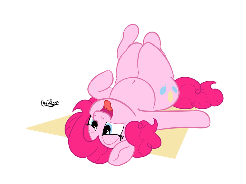 Size: 4098x3072 | Tagged: safe, artist:datzigga, derpibooru import, pinkie pie, earth pony, pony, belly, belly button, female, high res, image, lidded eyes, lying down, mare, on back, open mouth, open smile, png, signature, simple background, smiling, solo, tongue out, white background