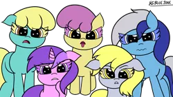 Size: 2560x1440 | Tagged: safe, derpibooru import, amethyst star, derpy hooves, minuette, parasol, sassaflash, earth pony, pegasus, pony, unicorn, angry, eye clipping through hair, group, image, png, redraw, simple background, transparent background