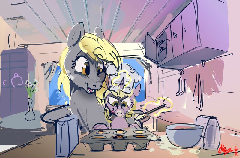 Size: 3449x2267 | Tagged: safe, artist:alumx, derpibooru import, derpy hooves, dinky hooves, pegasus, pony, unicorn, baking, chef's hat, cute, duo, equestria's best mother, female, filly, foal, food, hat, image, jpeg, levitation, magic, mare, mother and child, mother and daughter, mother's day, muffin, telekinesis, tongue out