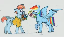 Size: 3627x2118 | Tagged: safe, artist:alumx, derpibooru import, rainbow dash, windy whistles, pegasus, pony, blushing, bouquet, cute, duo, female, floppy ears, flower, gray background, image, jpeg, mother and child, mother and daughter, mother's day, mouth hold, simple background