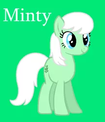 Size: 540x624 | Tagged: safe, artist:jigglewiggleinthepigglywiggle, derpibooru import, minty (g1), earth pony, pony, base used, blue eyes, cute, female, full body, g1, g1 mintabetes, g1 to g4, g4, generation leap, green background, image, mare, png, simple background, smiling, solo, tail, text, white hair, white mane, white tail, white text