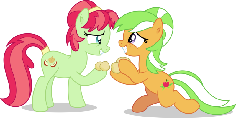 Size: 4573x2285 | Tagged: safe, artist:thatusualguy06, derpibooru import, apple dumpling, apple leaves, earth pony, pony, the big mac question, .svg available, apple family member, apple fritter (food), duo, duo female, female, food, full body, gritted teeth, high res, image, narrowed eyes, png, simple background, teeth, transparent background, vector