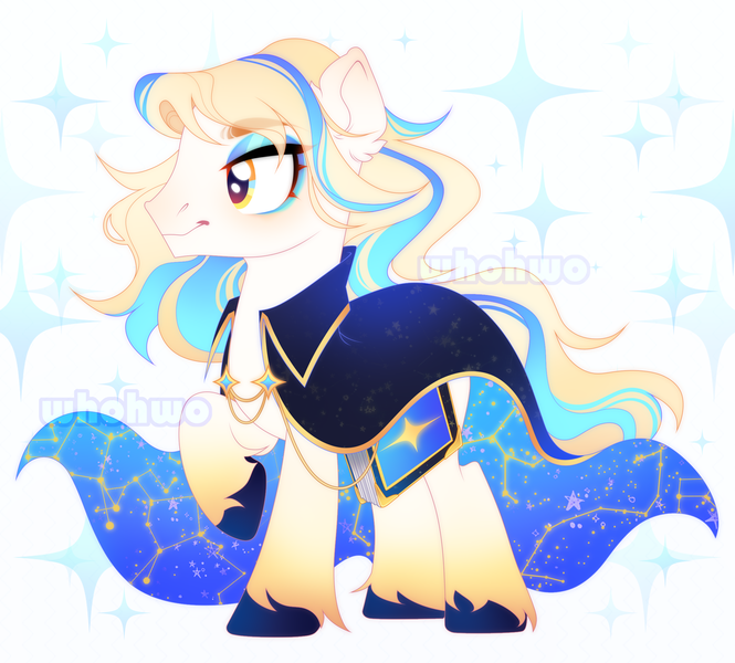 Size: 2317x2092 | Tagged: safe, artist:whohwo, derpibooru import, oc, unofficial characters only, earth pony, pony, base used, cape, clothes, constellation, ear fluff, earth pony oc, ethereal mane, image, makeup, png, simple background, smiling, solo, starry mane, unshorn fetlocks, white background