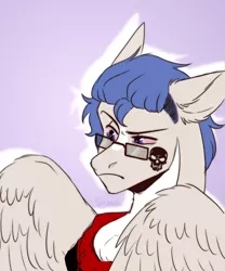 Size: 2500x3000 | Tagged: safe, artist:bulkaaoga, derpibooru import, oc, unofficial characters only, pony, bust, chest fluff, ear fluff, frown, glasses, image, male, png, purple background, simple background, solo, stallion, tatttoo, wings