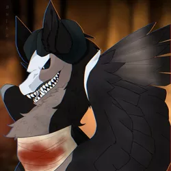 Size: 1080x1080 | Tagged: safe, artist:bulkaaoga, derpibooru import, oc, unofficial characters only, pegasus, pony, bandage, bust, chest fluff, image, jpeg, pegasus oc, sharp teeth, solo, teeth, wings