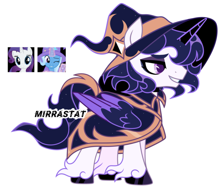 Size: 1280x1077 | Tagged: safe, artist:mirrastat, derpibooru import, oc, alicorn, pony, unicorn, alicorn oc, base used, clothes, female, glow, glowing horn, hat, horn, image, magical lesbian spawn, makeup, male, mare, offspring, one eye closed, parent:rarity, parent:trixie, png, simple background, smiling, stallion, transparent background, unshorn fetlocks, wings, wink, witch hat