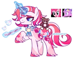 Size: 1280x1011 | Tagged: safe, artist:mirrastat, derpibooru import, pinkie pie, screwball, oc, pony, unicorn, base used, clothes, female, glow, glowing horn, horn, image, magic, magical lesbian spawn, makeup, male, mare, offspring, parent:pinkie pie, parent:screwball, plushie, png, simple background, smiling, stallion, teddy bear, telekinesis, transparent background, unshorn fetlocks