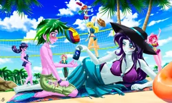 Size: 3861x2324 | Tagged: suggestive, alternate version, artist:mauroz, derpibooru import, applejack, fluttershy, pinkie pie, rainbow dash, rarity, spike, twilight sparkle, equestria girls, anime, applebutt, barefoot, beach, belly button, bikini, breasts, busty rarity, butt, clothes, eyes closed, feet, female, image, male, mane seven, mane six, one-piece swimsuit, open mouth, palm tree, png, selfie, shipping, sparity, sports, straight, sunscreen, sweat, sweatdrops, swimsuit, this will end in tears, this will not end well, tree, twibutt, volleyball, volleyball net