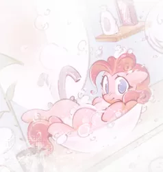 Size: 3803x4000 | Tagged: safe, artist:mirroredsea, derpibooru import, pinkie pie, earth pony, pony, bath, blushing, bubble, bubble bath, cute, diapinkes, female, image, jpeg, looking at you, mare, no pupils, sink, soap, soap suds, solo