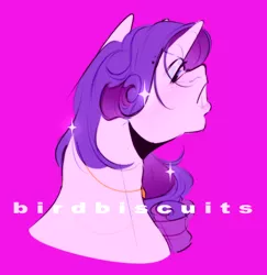 Size: 1544x1586 | Tagged: safe, artist:birdbiscuits, derpibooru import, rarity, pony, unicorn, bust, image, pink background, png, simple background, solo, watermark