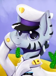 Size: 1248x1680 | Tagged: safe, artist:aquamuro, derpibooru import, oc, unofficial characters only, zebra, equestria at war mod, bust, cactus, cap, clothes, desert, fluffy, hat, image, male, military uniform, png, portrait, salute, solo, stallion, underhoof, uniform