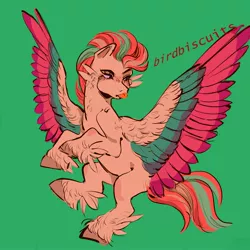 Size: 3000x3000 | Tagged: safe, artist:nysoiscool, derpibooru import, zipp storm, pegasus, pony, cheek feathers, feathered fetlocks, g5, green background, image, jpeg, simple background, solo, spread wings, tongue out, wings