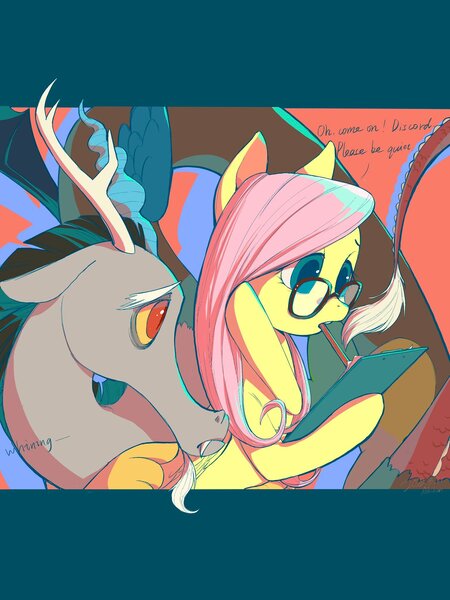 Size: 1536x2048 | Tagged: safe, artist:nidexiaozhu, derpibooru import, discord, fluttershy, pegasus, pony, clipboard, discoshy, duo, female, glasses, image, jpeg, male, mouth hold, pencil, shipping, straight, whining