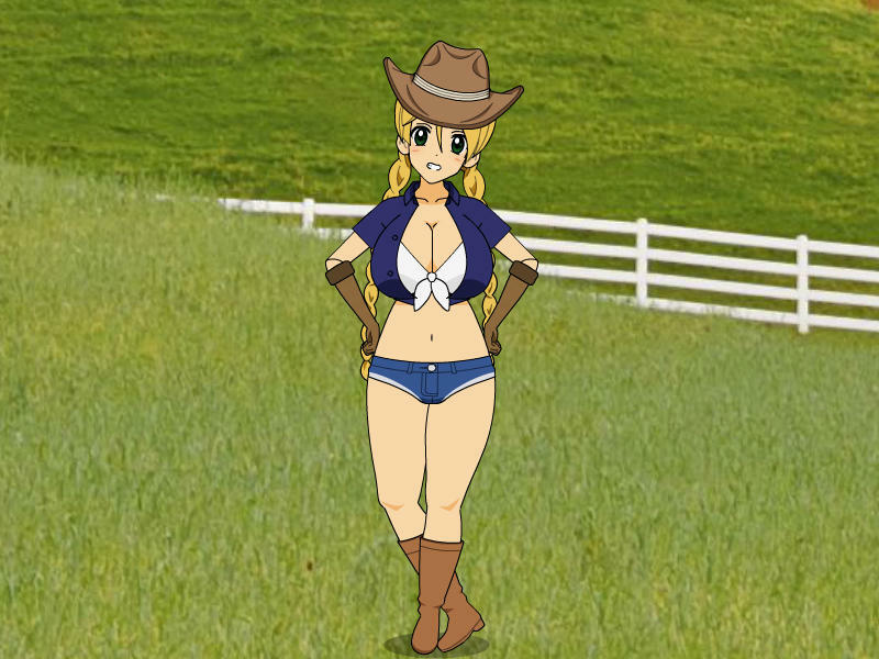 Size: 800x600 | Tagged: safe, applejack, human, boots, clothes, cowboy boots, cowboy hat, gloves, hat, high heel boots, humanized, image, jpeg, kisekae, shirt, shoes, short, simple background, solo, transparent background