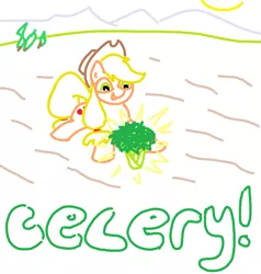 Size: 855x899 | Tagged: safe, artist:purblehoers, derpibooru import, applejack, earth pony, pony, applejack's hat, celery, cowboy hat, excited, farm, female, field, hat, image, mare, mountain, mountain range, ms paint, outdoors, png, solo, standing, sun, text, tree