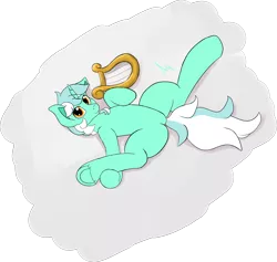 Size: 3752x3562 | Tagged: safe, artist:aquamuro, derpibooru import, lyra heartstrings, pony, unicorn, description is relevant, full body, horn, image, looking at you, lying down, musical instrument, on back, png, raised hoof, signature, simple background, sketch, smiling, smiling at you, two toned mane, underhoof