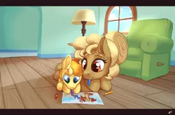 Size: 3028x2000 | Tagged: safe, artist:storyteller, derpibooru import, oc, oc:cinni swirl, oc:omelette, earth pony, pony, chair, crayon, crayon drawing, cute, female, foal, image, indoors, lamp, mare, png, traditional art, window