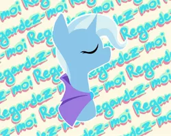 Size: 2097x1668 | Tagged: safe, artist:adamscage, derpibooru import, trixie, pony, unicorn, bust, cape, clothes, eyes closed, female, french, image, jpeg, mare, profile, solo, text, trixie's cape