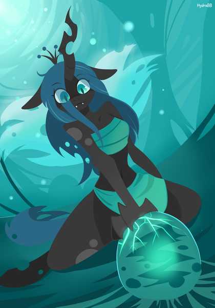 Size: 2100x3000 | Tagged: safe, artist:hydrabb, derpibooru import, queen chrysalis, anthro, changeling, changeling queen, unguligrade anthro, changeling egg, clothes, crown, cute, cutealis, eye clipping through hair, fangs, female, image, jewelry, looking down, png, regalia, smiling, solo, spread wings, stupid sexy chrysalis, wings