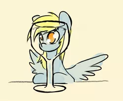 Size: 1330x1096 | Tagged: safe, artist:adamscage, derpibooru import, derpy hooves, pegasus, pony, cute, derpabetes, female, glass, image, jpeg, mare, no pupils, simple background, solo, spread wings, wine glass, wings, yellow background